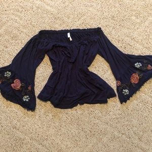 Navy Blue Off the Should Bell Sleeve Top